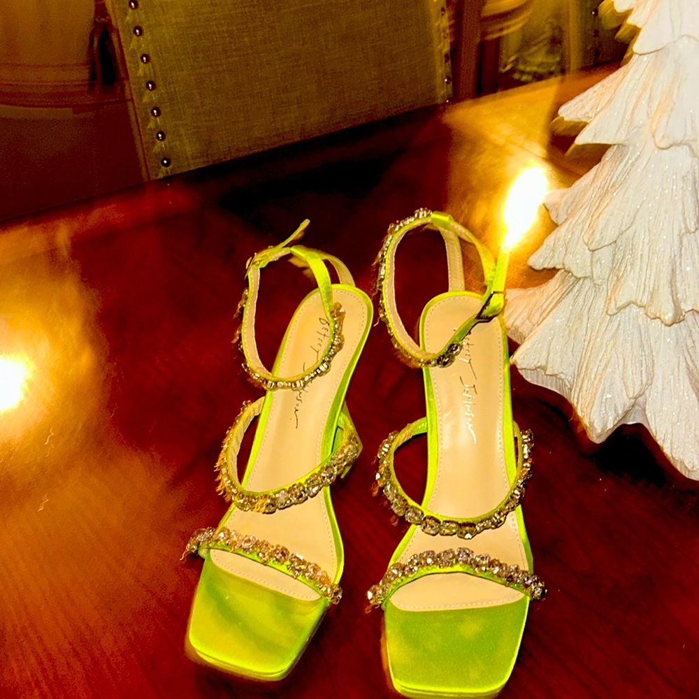Neon Lime Crystal Strap Heeled Sandals - Women